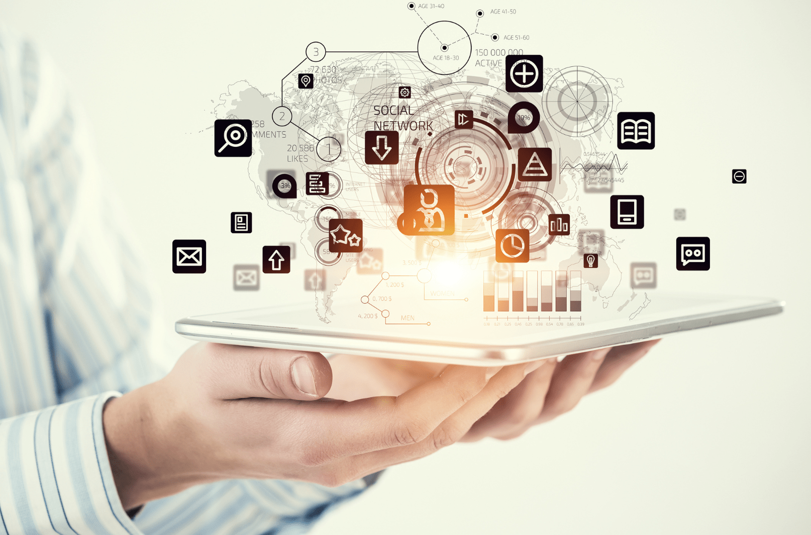 A person holding a tablet. Several intertwined icons can be seen coming out of the screen.