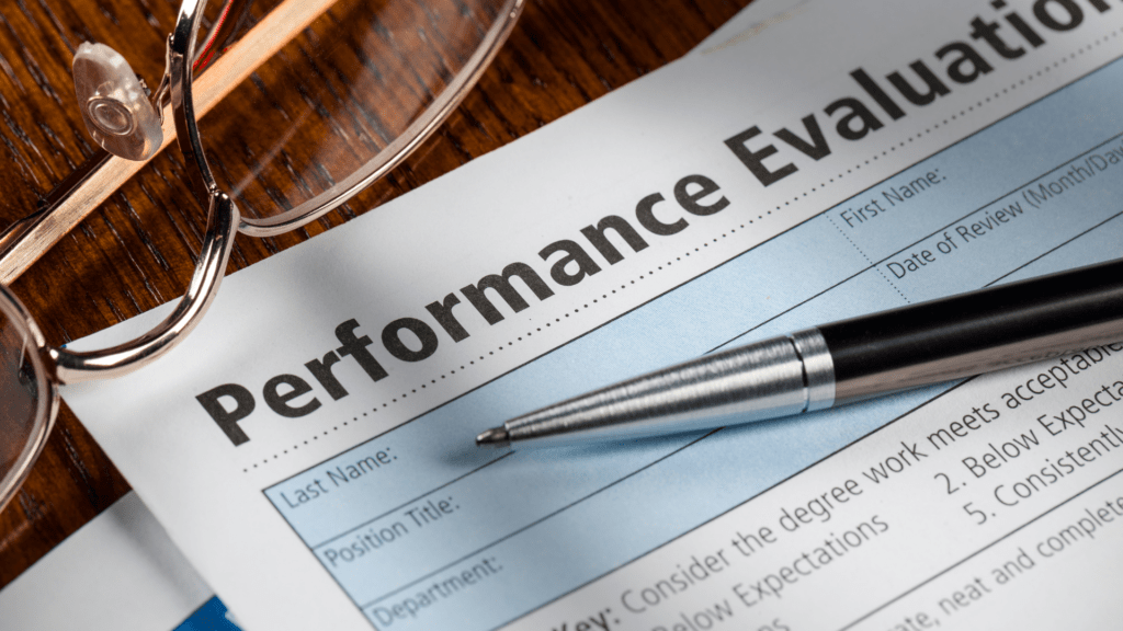 A form for evaluating performance, including areas for ratings and comments to provide feedback.