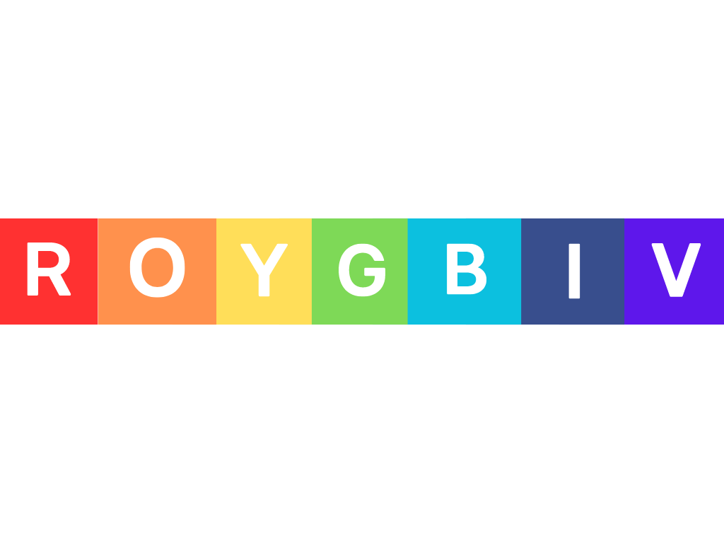A colorful mnemonic device displaying the acronym "ROYGBIV," representing the colors of the rainbow: Red, Orange, Yellow, Green, Blue, Indigo, and Violet. This visual aid helps in memorizing the sequence of colors.